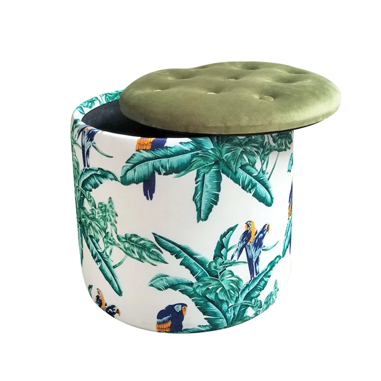 Laynsino Tropical style Upholstered Storage stool with LId Colorful Round Ottoman Stool