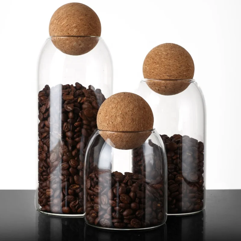 Factory supply easy to clean spices corked glass jar food storage with ball-shaped