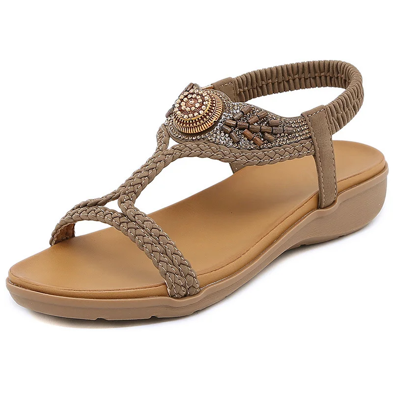 Summer New ladies Elastic Belt flats sandals Fashion Women Knitted beach Sandals wholesale women casual sandals customization