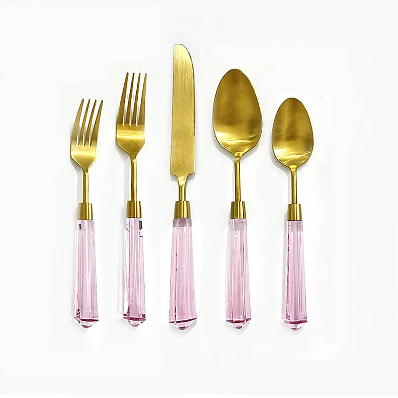 Acrylic Pink Handle Gold Tableware Diamond Flatware Stainless Steel Cutlery Set Transparent Clear Gold Dinner Knife Fork Spoon