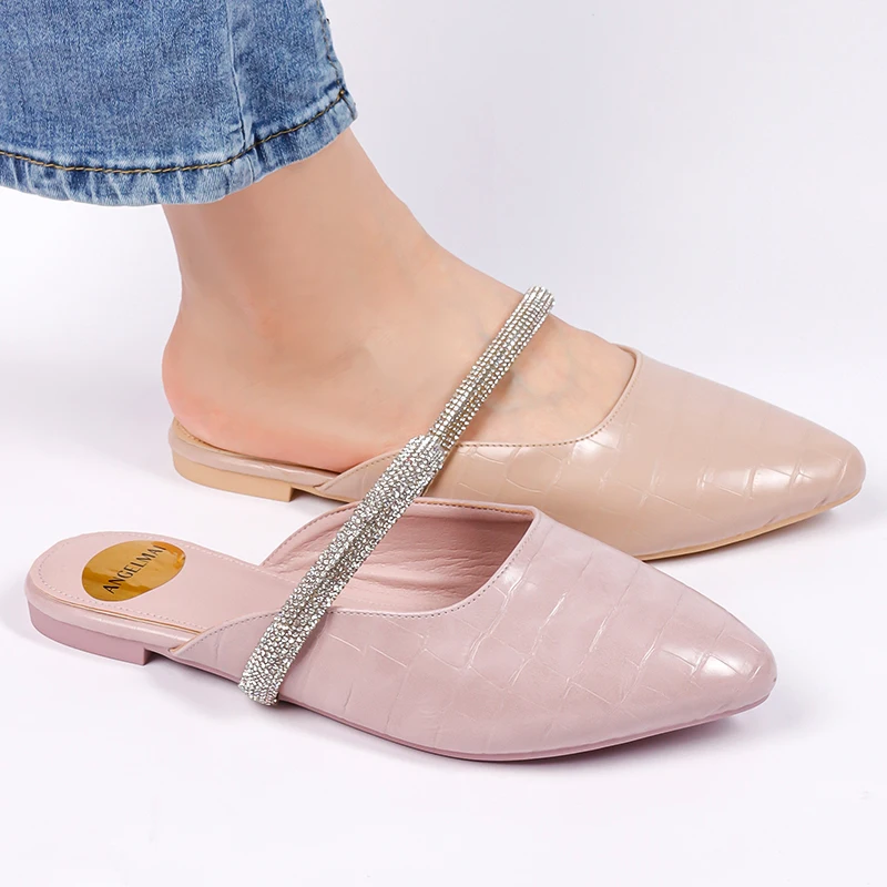 Latest Rhinestone Chain Hollow Out Mules Women Ballet Flats Half Shoes Comfortable Casual Pointy Toe Leather Slipper Close Shoes