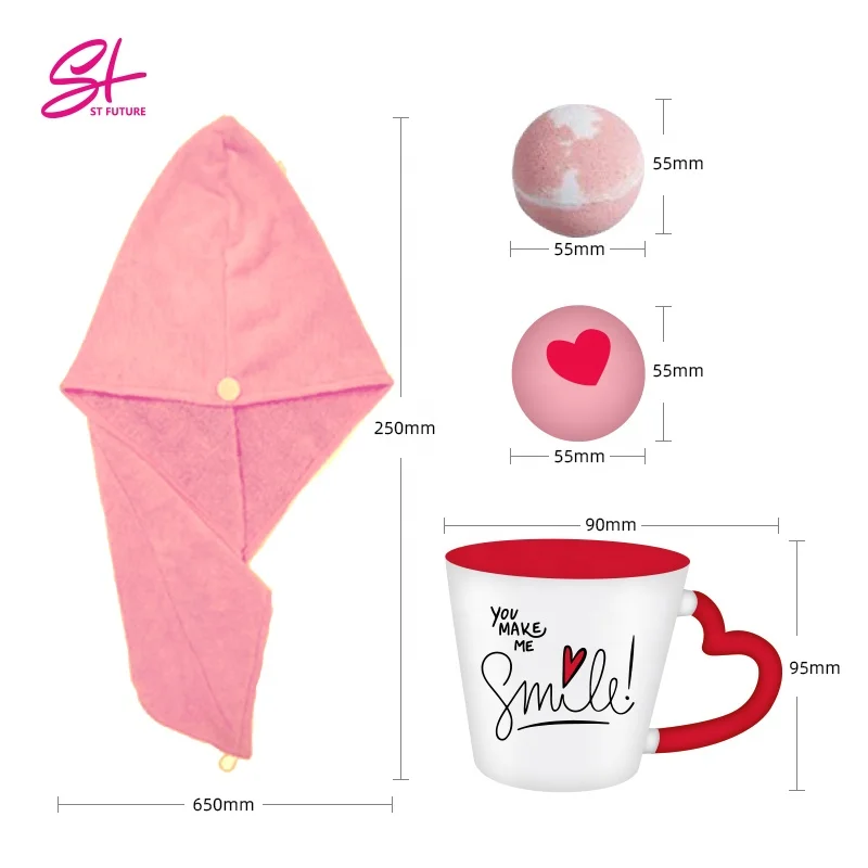 St Future Original Design Valentine Design Gift Set Bath Spa Set With Hair Turban Bath Bomb/Mug