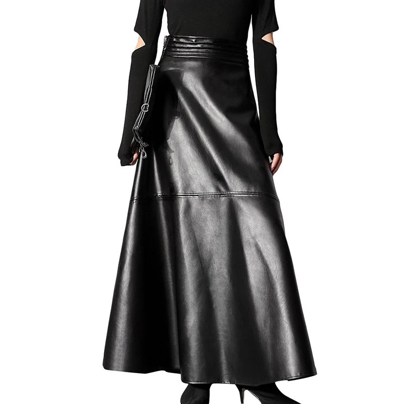 TWOTWINSTYLE Leather Skirt Slim Minimalist Midi Women's Skirt High Waist Solid 2022 Fall PU Vintage Woven Adults Plain Dyed