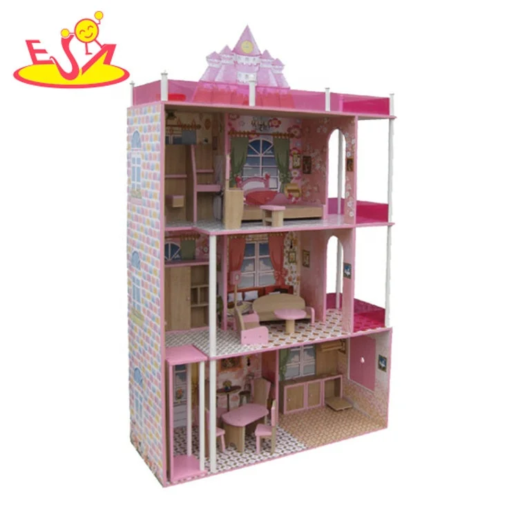 
Hot selling role play pink wooden doll dream house for kids W06A407  (1600084209083)