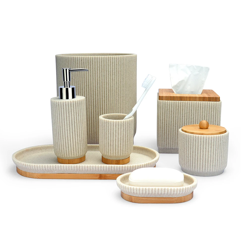 High Quality Washroom Bathroom Accessories Set Black and White 7 Pcs Pieces Bath Bathroom Toilet Set With Wood