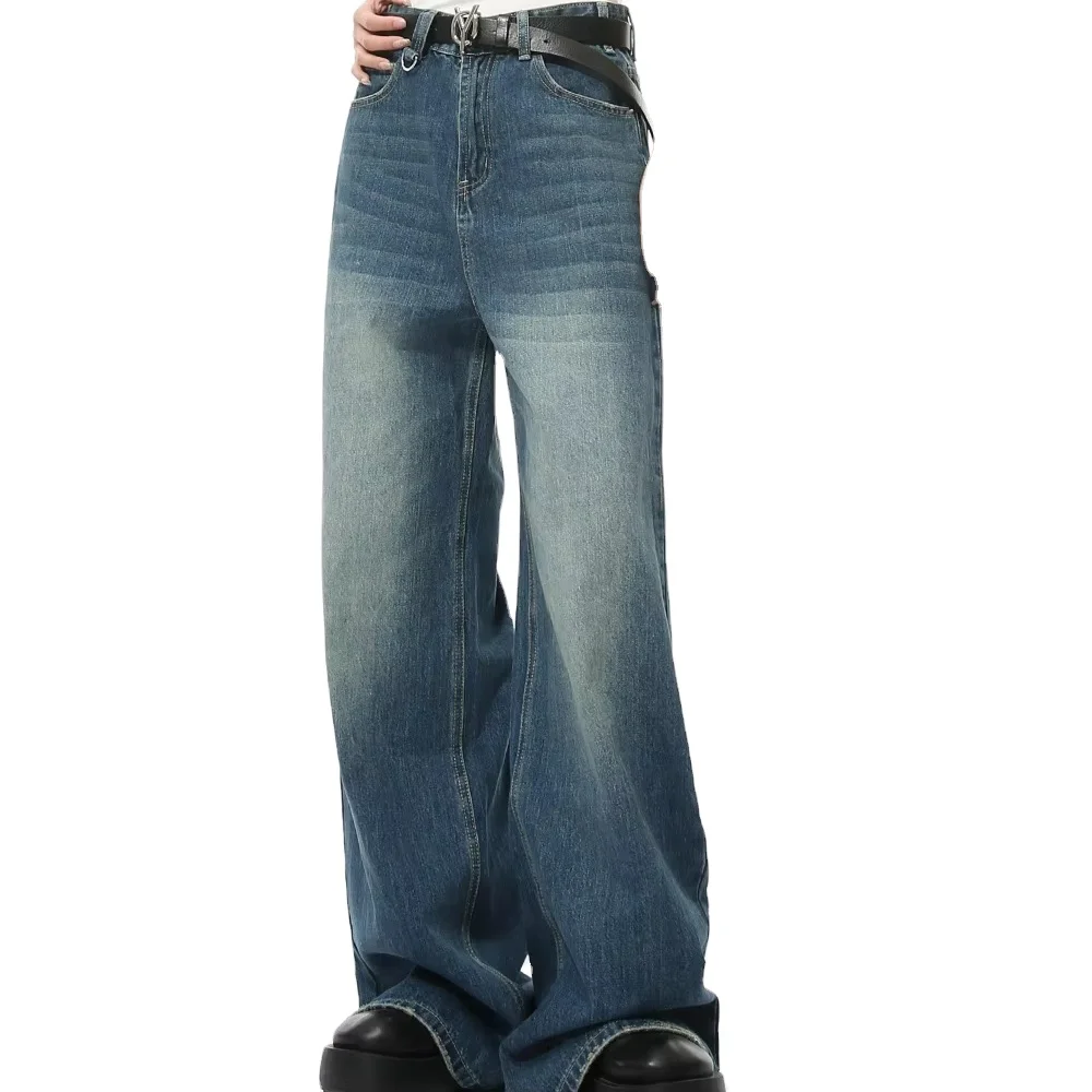 Customized Logo Heavyweight Raw Denim Jeans 100% Cotton Indigo Blue Baggy Jeans Casual Fashion Wide Leg High Quality Mens Jeans