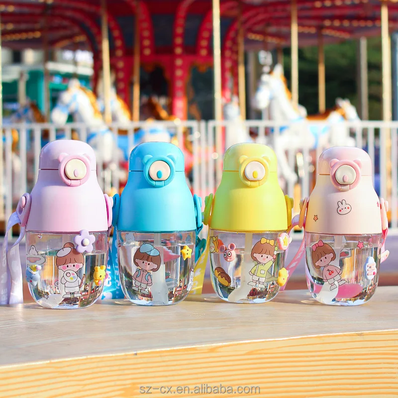Kids student 480ml high quality eco friendly cute kawaii clear plastic drinking milk cartoon animal water cup bottle for girls