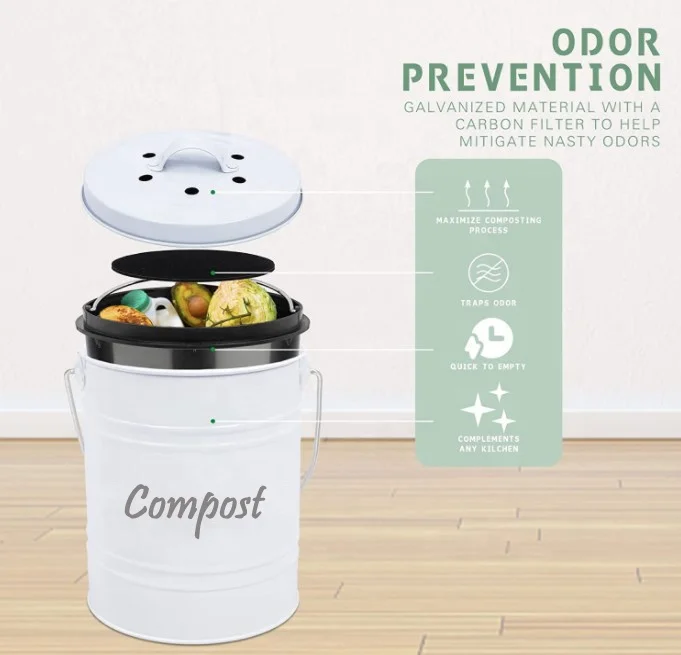 Kitchen Countertop White Compost Bin With Inner Bucket & Charcoal Filter Metal Food Waste Compost Pail
