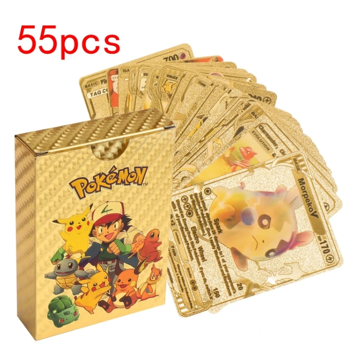 55 шт. покемонированные золотые черные Серебряные радужные карты TCG Английский Французский Немецкий Испанский VMAX Poke mon Золотая фольга Коллекционная карта