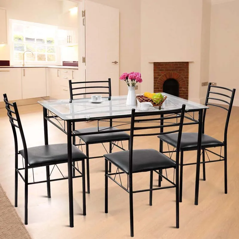 Black Tempered Glass Top Table and Chairs Kitchen Dining Room Furniture Dining Table Set