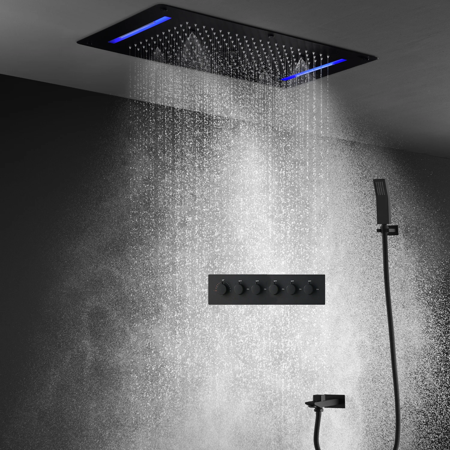 Bathroom Matt black Shower Set Waterfall Rainfall Massage Ceiling LED Shower Head Panel With Thermostatic Mixer Diverter Faucets
