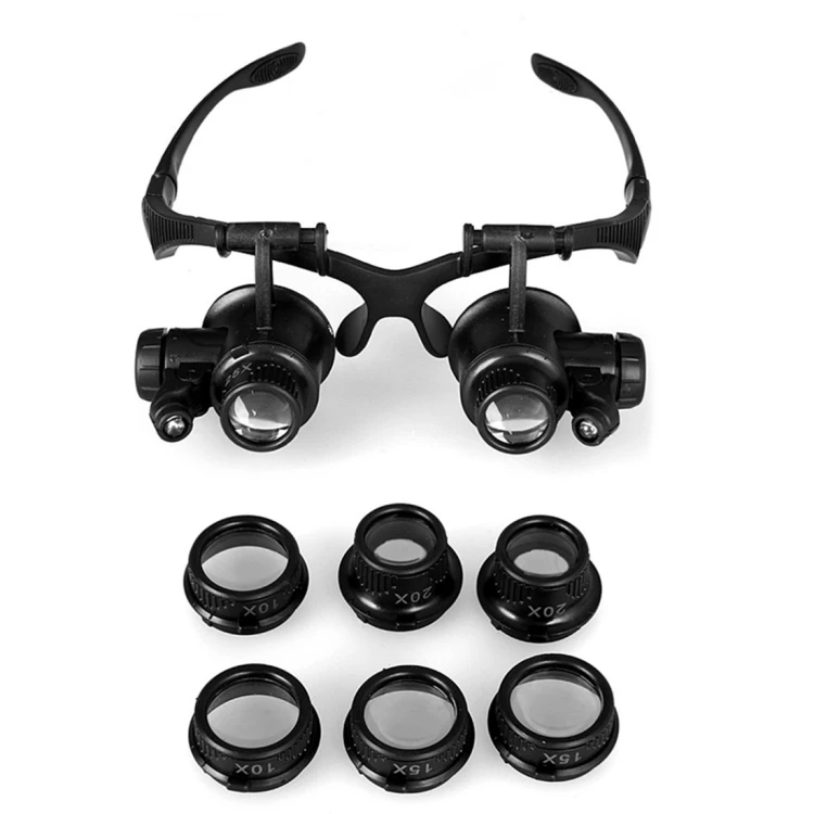 Amazon Top Selling 10X 15X 20X 25X Double Eye Glasses Lens Jeweler Watch Repair Head Magnifier with 2 LED Lights