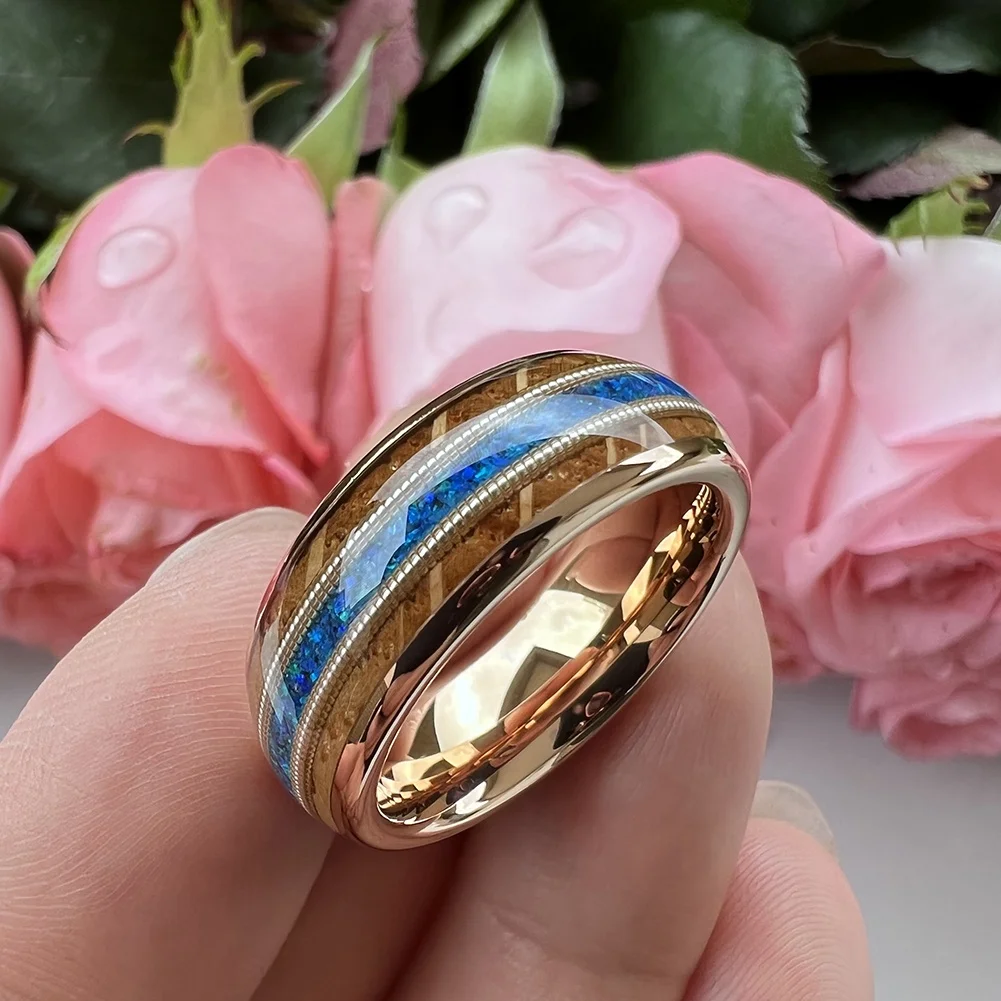 Coolstyle Jewelry 8mm Whisky Wood Guitar String Blue Opal Inlay Rose Gold Tungsten Ring for Men Women Engagement Wedding Band