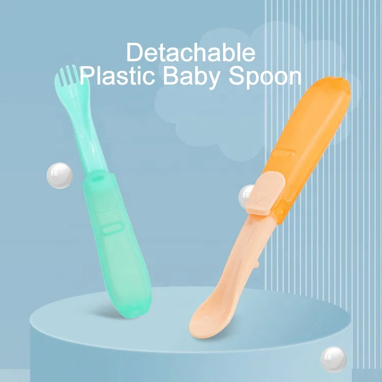 Portable Traveling Food Grade Foldable Plastic Handle Kids Spoon and Fork Set Feeding Spoon Baby