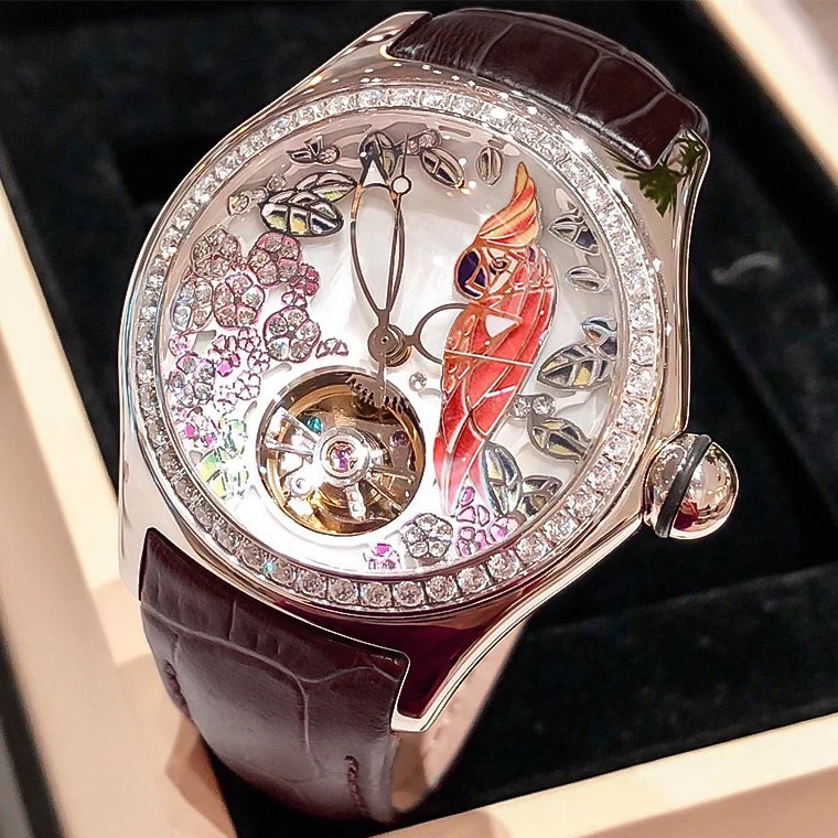 Luxury cow leather strap diamond skeleton waterproof lady mechanical  automatic watch