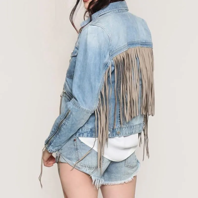 2021 Spring Women Clothing Jean Jackets Heavy Industry Sequins Tassel Pocket Top Coat Design Lapel Loose Hole Denim Jacket Women