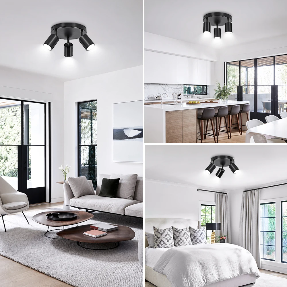 Rotatable 3 Way Black GU10 Spotlight Ceiling Lights Modern Kitchen Lights Ceiling Round Indoor Spot Light Fittings