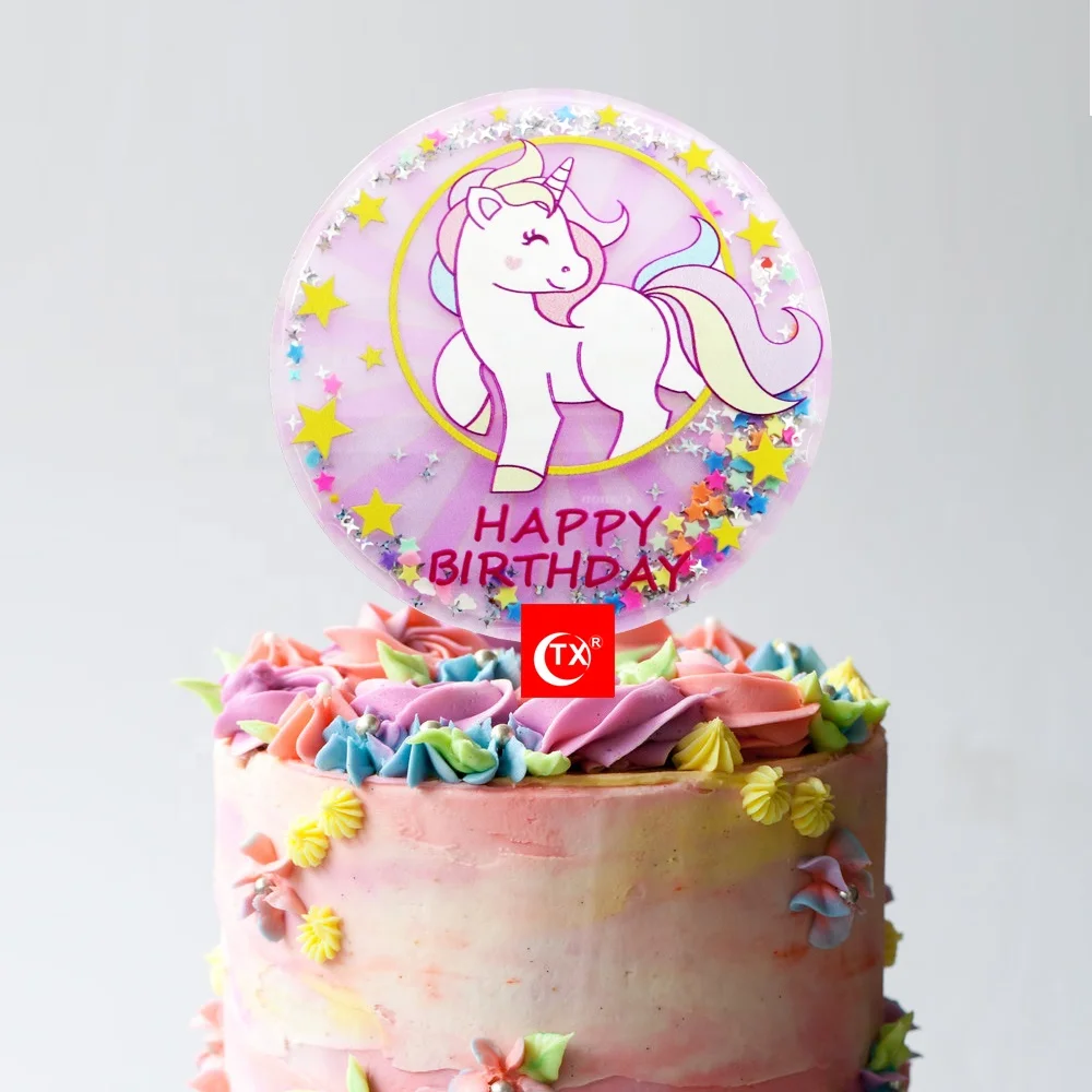 
TX Unicorn Rainbow Stars Smile Fun Pink Shake Shiny Moving Quicksand Acrylic Cake Topper For Kids Party Decorations Supplier 