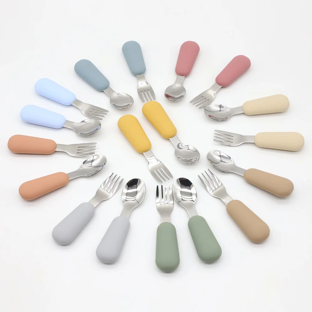 Hot Sale Safety BPA Free Cucharas Set Mini Feeding Wooden Spoon Silicone Baby Spoon Fork Set For Training