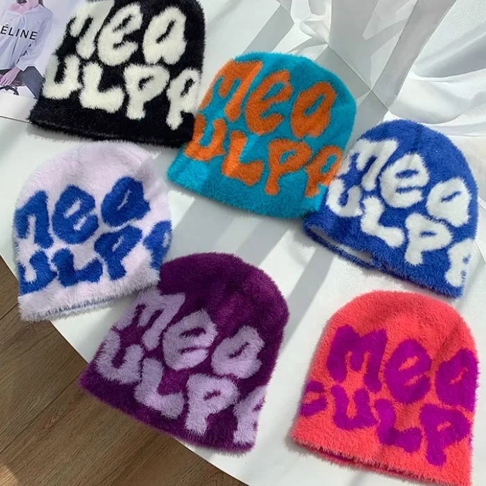 2023 New Fashion Mohair Beanie Customized Winter Skull Cap Mohair  Winter Beanie Hat Knitted Reversible Mohair  Beanie Cap