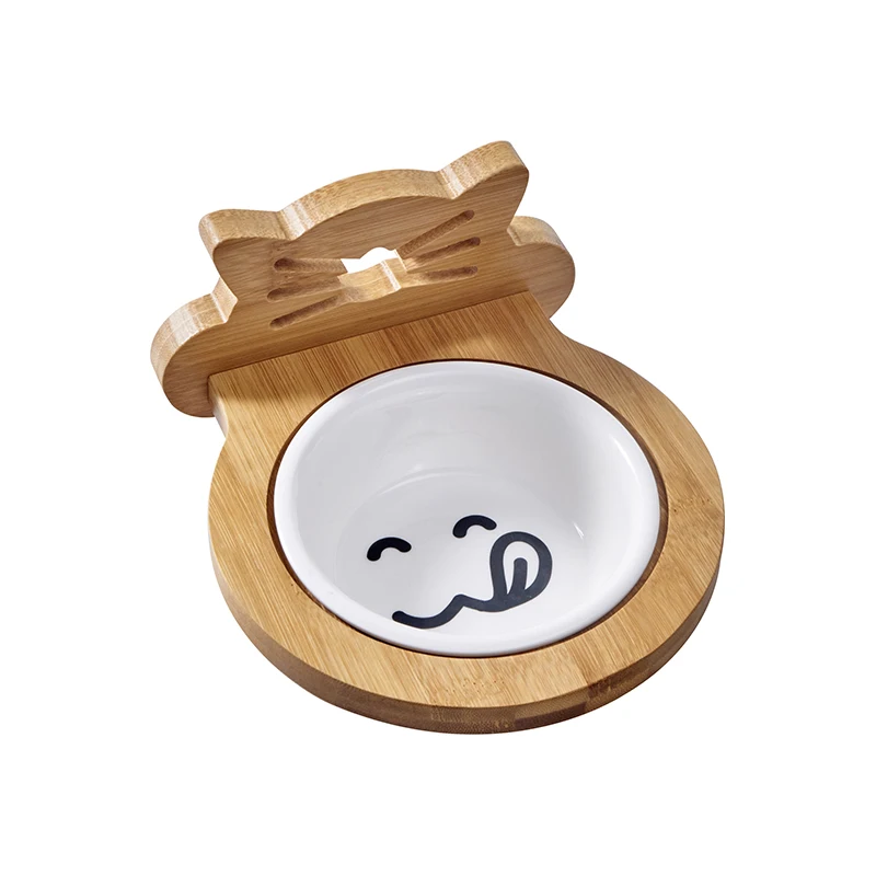 Fashion Design Adjustable Elevated Stand pet Feeder Bamboo Pet Ceramic Bowl