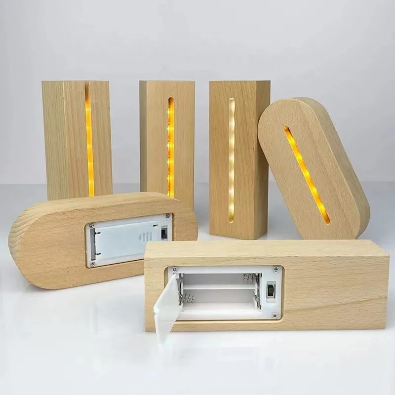 AAA Battery Powered  Wood Base Led Light Display Stand for Custom Acrylic Night Lamp Resin Glass Art DIY