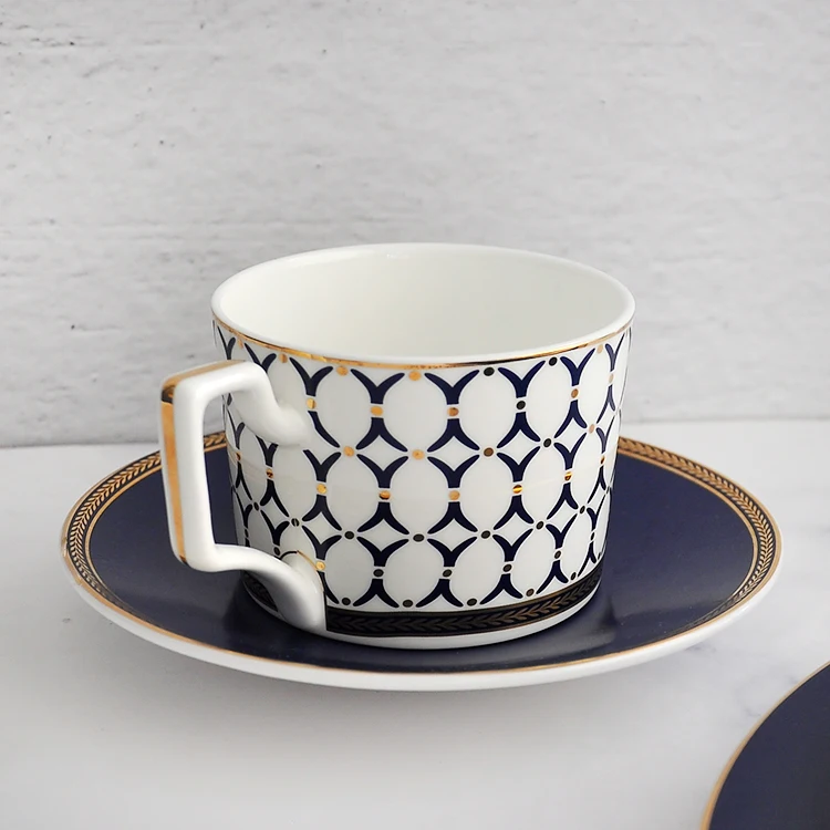Luxury ceramic gold mug saucer european pattern blue fine bone china coffee cup and saucer set