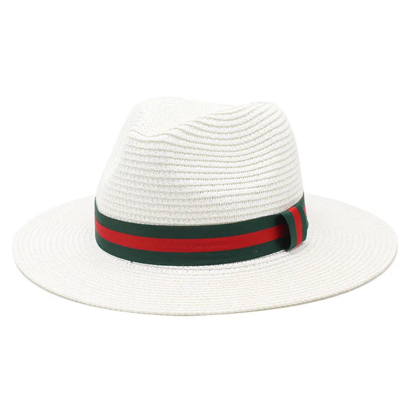 Custom Women Men Summer Sun Shade Hat Green Red Striped Ribbon Decorative Paper Straw Fedora Hat