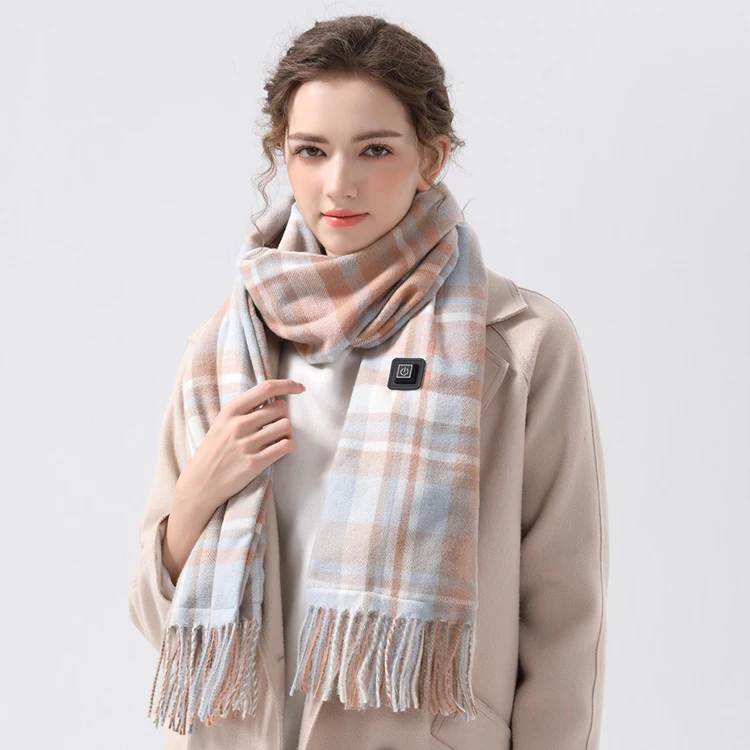 Christmas Gifts Sale Men Women Heated Scarves USB Rechargeable Constant Temperature Design Grid Tassels Heating Scarf for Winter