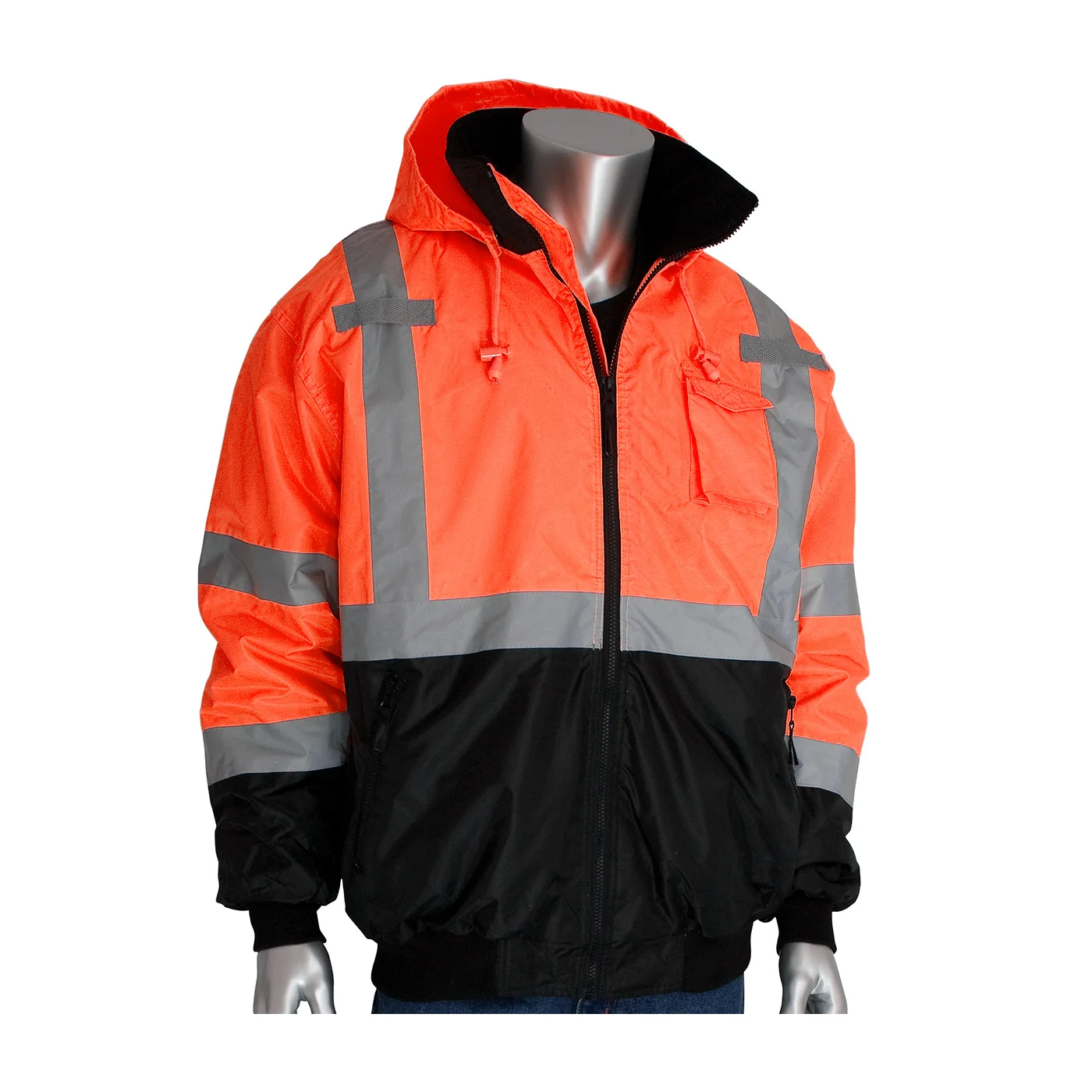 Warning Safety Workwear Type R Class 3 Value Black Bottom Bomber Jacket with Zip-Out Fleece Liner