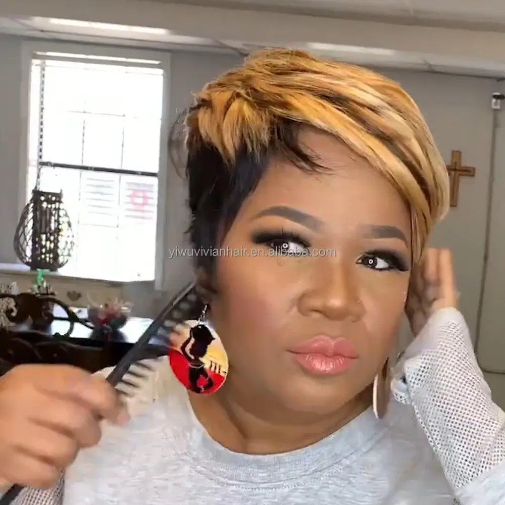 Wholesale Cheap Price Machine made Short 4 Inch Side parting Pixie cut synthetic wig for beauty