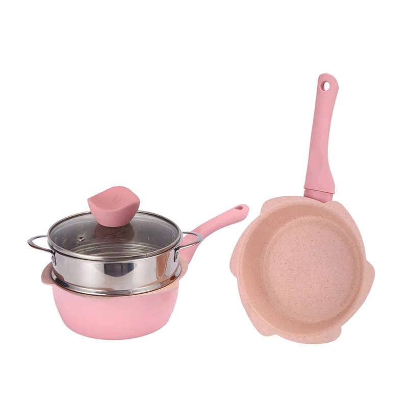 Hot Sale Baby Food Pot Cute Aluminium Fry Pan Popular Milk Pink Pots And Pans With Steamer Set Cookware