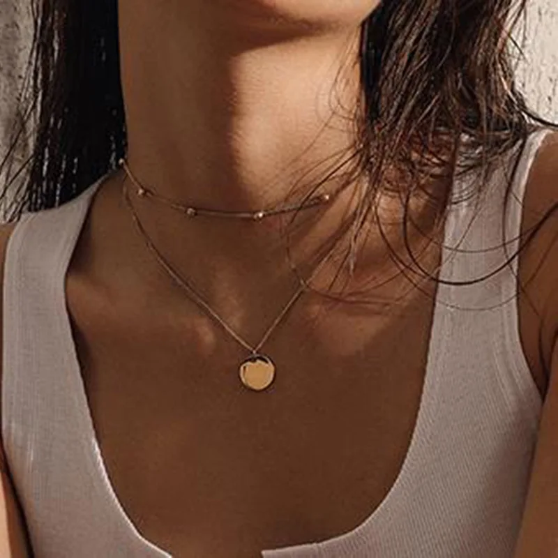 Sland Female Gold Plated Round Pendant Long Layered Double Chain Necklace