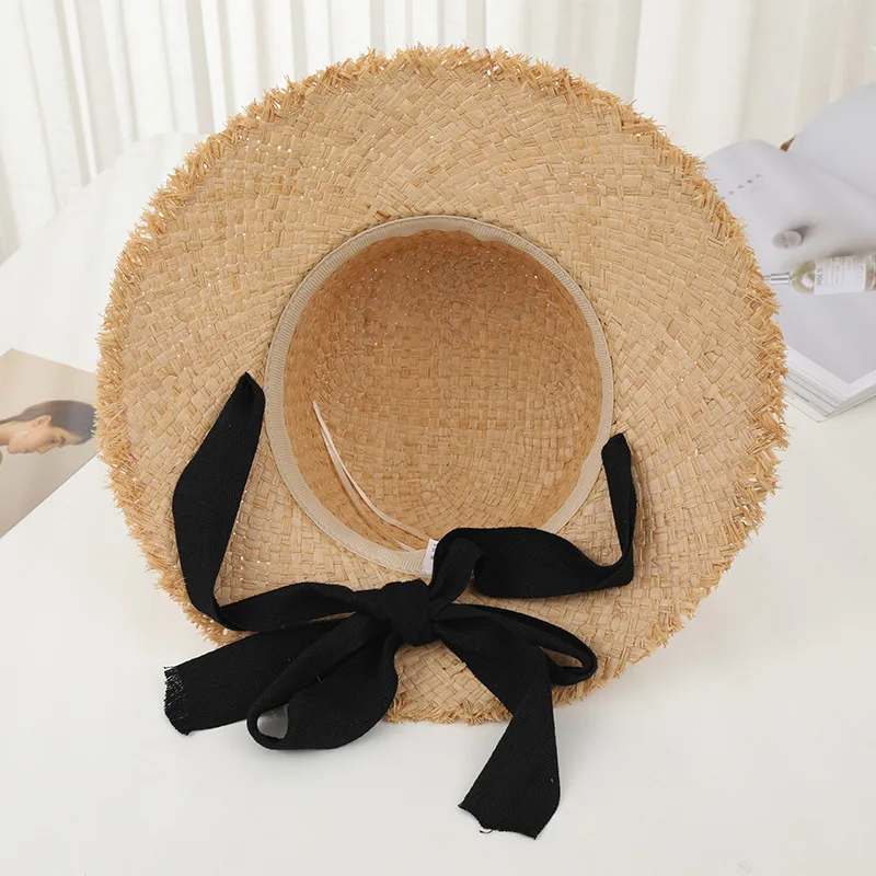 Wide brim flat top summer beach hats women raffia straw hat with ribbon