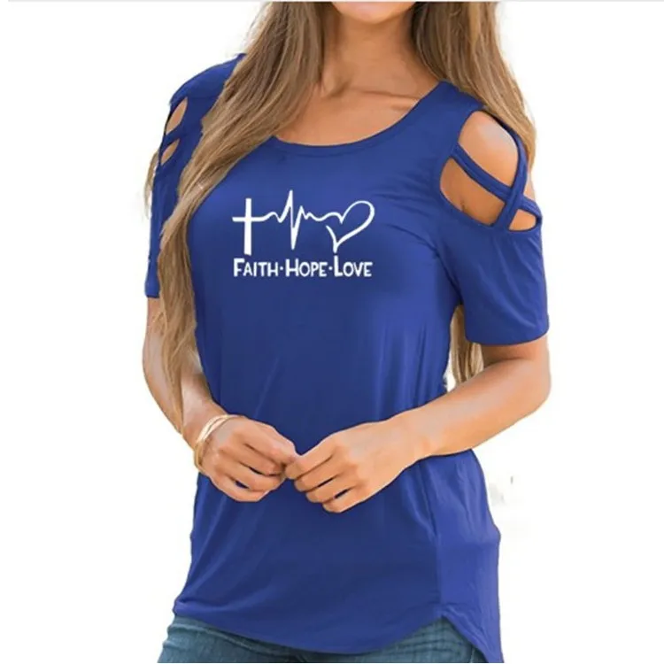 
2020 new fasion hot style hearts printed cross dew shoulder short sleeves tshirt for women 