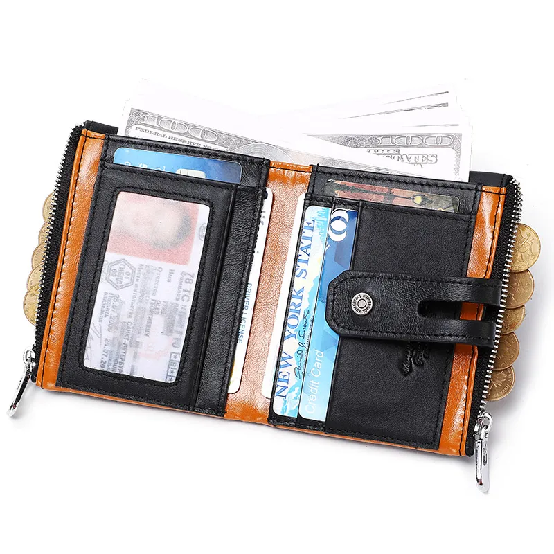 Cow Leather Color Contrast Card Wallets Purse Mini Leather Vintage Male Bag With Zip Key Chain Short Wallet Man