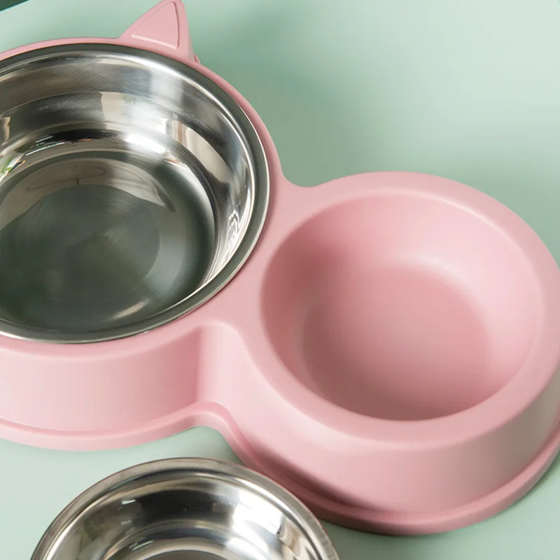 Four color wholesale cat ear design cats and dogs household double bowl pp kitten pet food drinking stainless steel double bowl