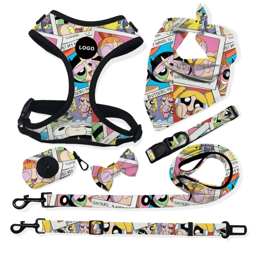 Hot Seller High Quality Custom adjustable collar bow leash harness and bandana sets