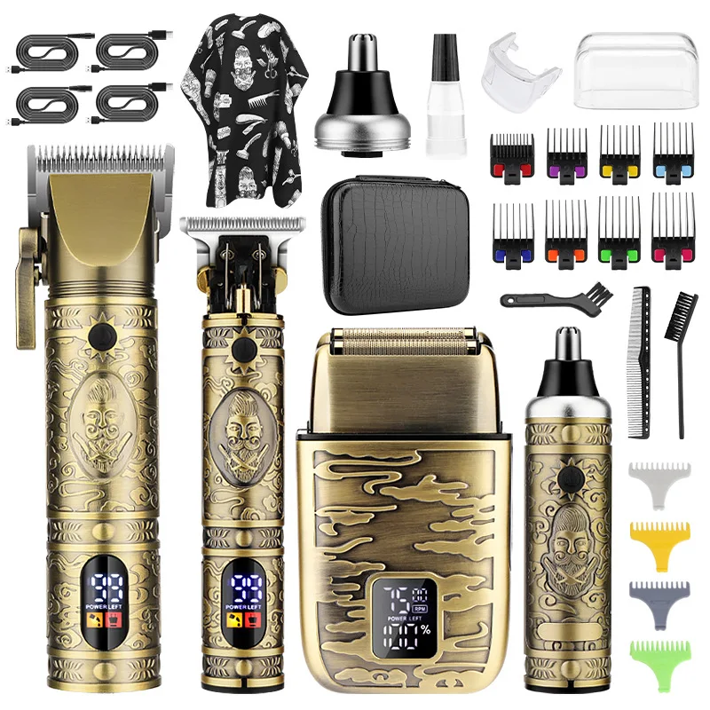 Dropshipping BeBeauty 740 NEW Hair Clippers Electric Shaver Hair Trimmer Nose Trimmer Men Grooming Set Metal Body Gold