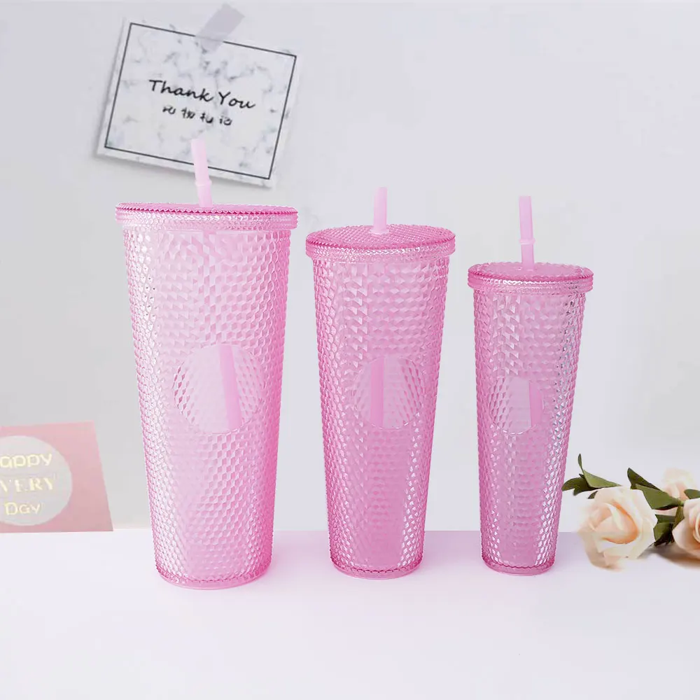 RTS  Colorful Double-Layer Durian Straw Tumbler Modern Design Diamond Glitter Plastic Coffee Cup Set for Parties