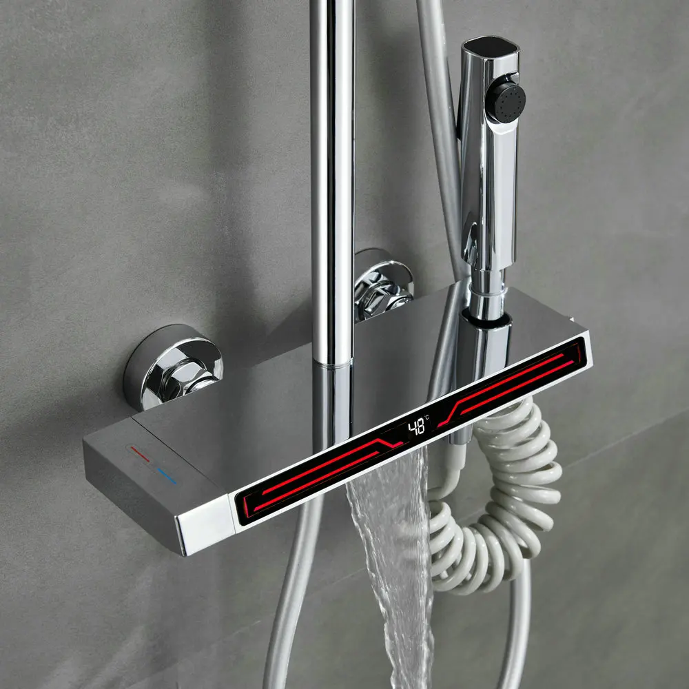 Fashionable New Design Exposed Bath and Shower Faucet System Set With Temperature Show Ambient LED Light