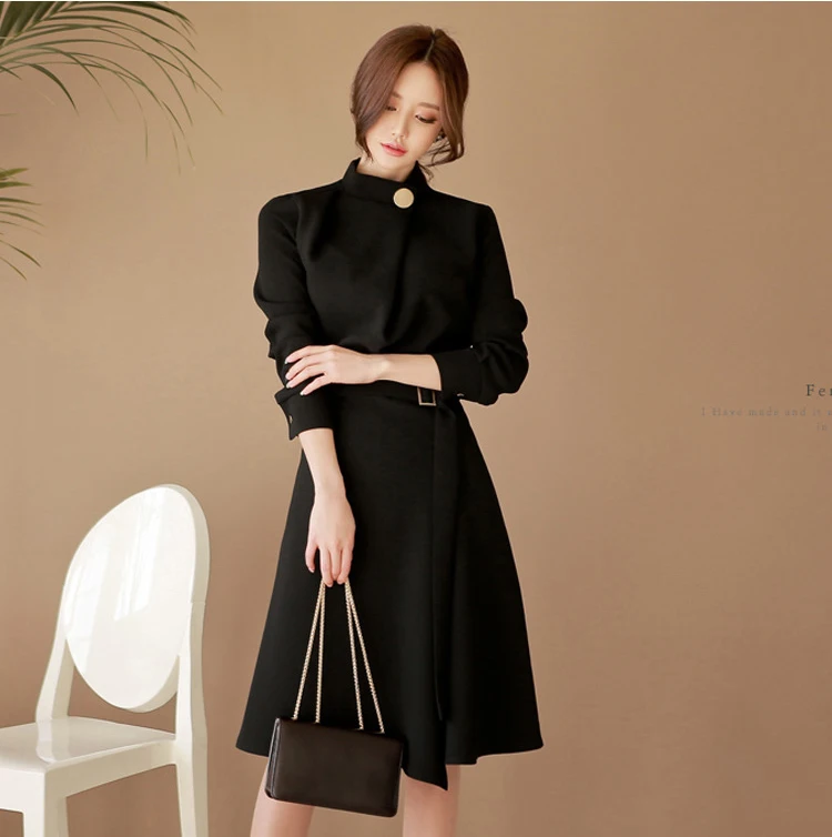 New product ideas 2021 professional zipper dress long sleeve waistline round collar ladies belt waist formal elegant midi dress