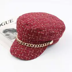HR02 Wholesale Spring brand designer winter french red custom villus cap beret hat girl with metal rope for women