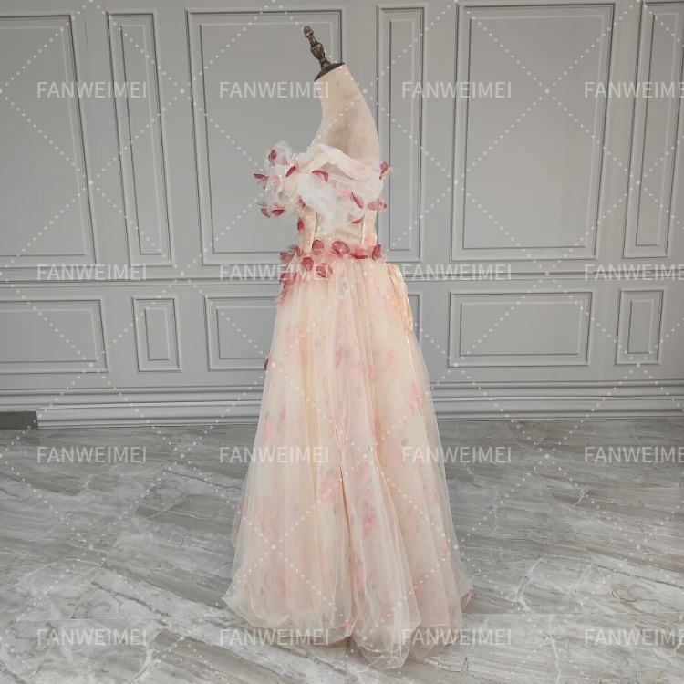 Wholesale FWM White A-line Elegant Floral Tulle Evening Party Dress Floor-length Sweet Pink Formal Party Gowns Vestido De Festa