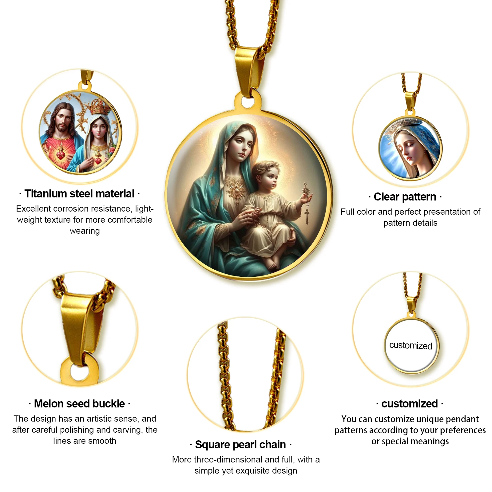 Giveluck Catholic Spiritual Jewelry Gifts Round Disc Stainless Steel Jesus Saint Virgin Mary Pendant Christian Jewelry Necklaces