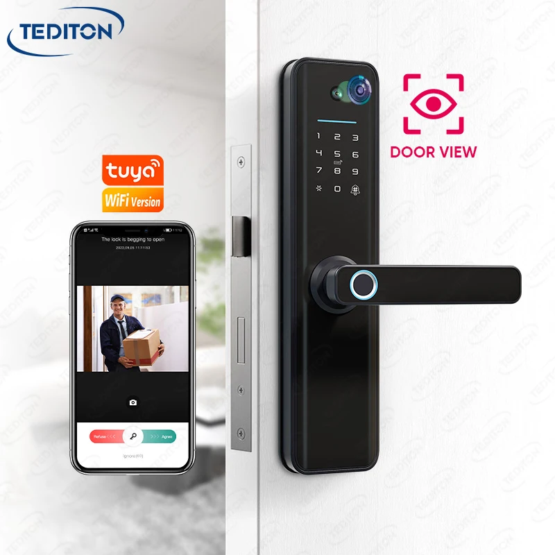 Tediton New Design Tuya Smart Lock Digital Viewer Password Key Cards APP Fingerprint Camera Door Lock