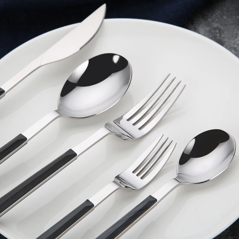 
High Quality Plastic Abs Wooden Grain Handle Flatware Stainless Steel 18/10 Cutlery Set With Black Handle 