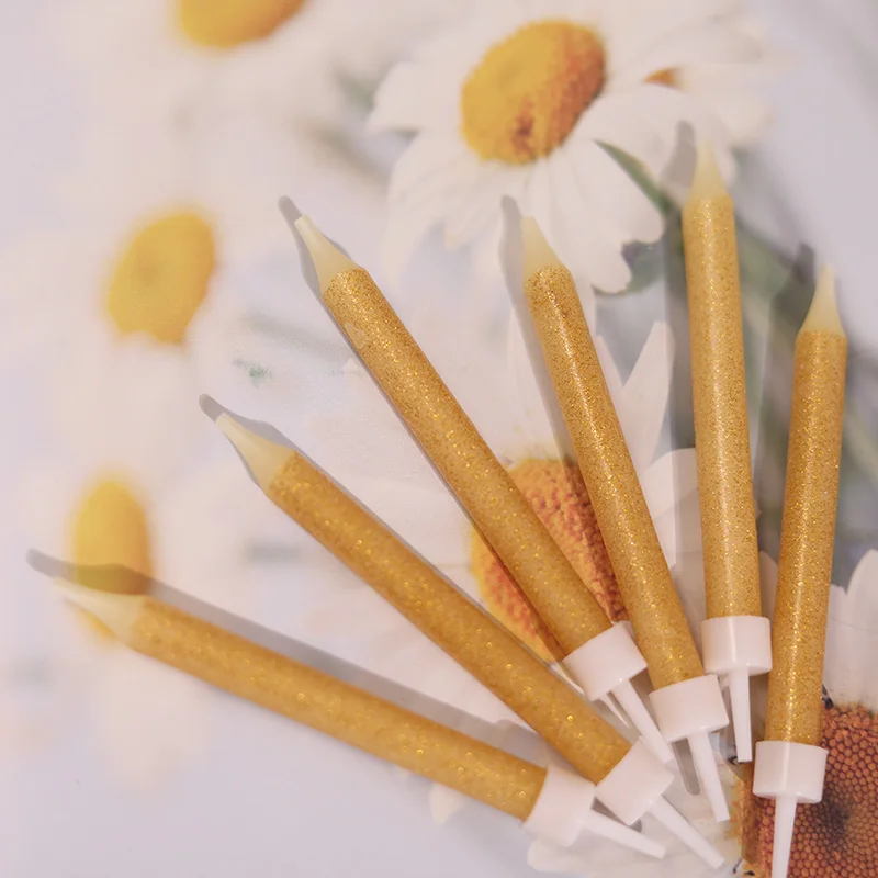 Good Price 6 Pcs Strip Gold Glitter Candles Long Thin Birthday Taper Candles for Sale