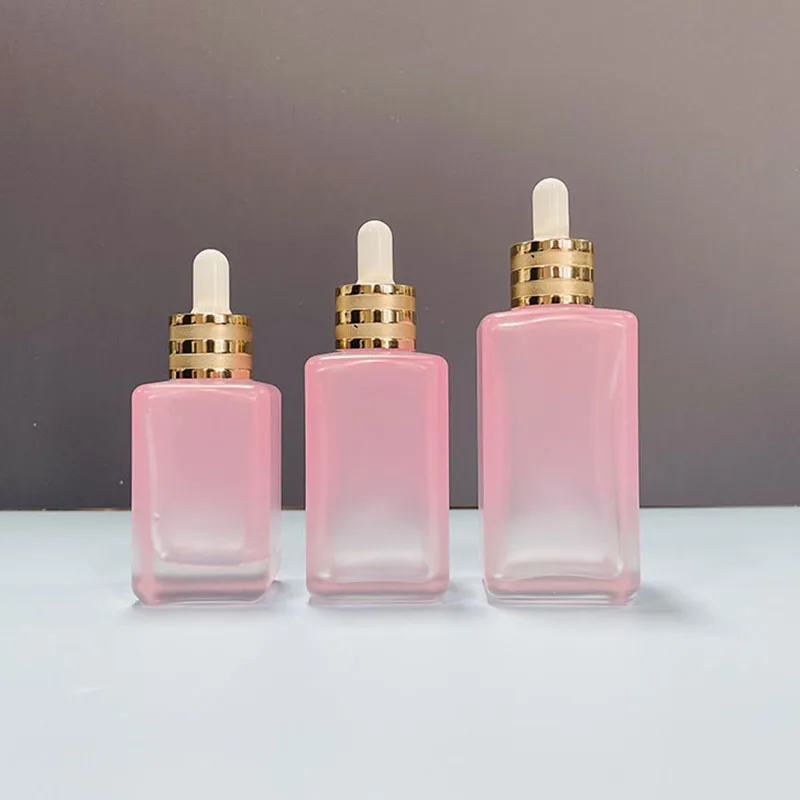 10ml 30ml 50ml 75ml 100ml Luxury facial serum oil packaging matte pink frosted square glass dropper bottle