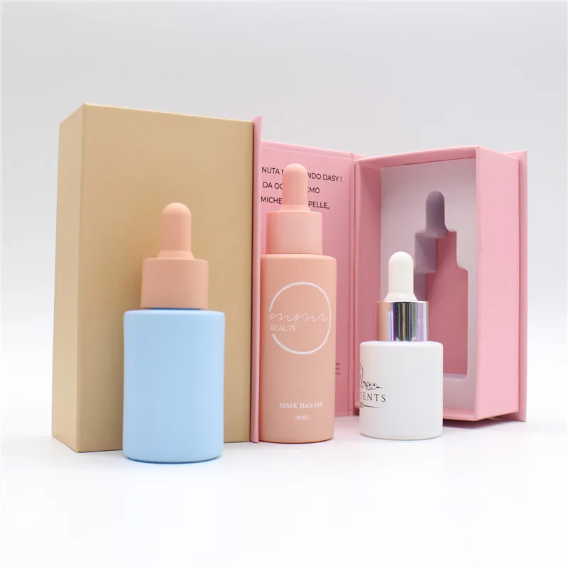 Luxury Empty Cosmetic 30ml 50ml Round Frosted Face Serum Bottle Essential Oil Glass Dropper Bottle With Box